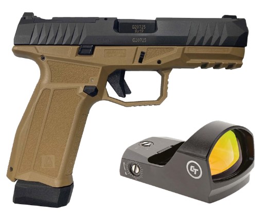 AREX DELTA X OR 9MM  1X17RD MAG 1X 17+2 MAG  SERIALIZED TRIGGER ASSEMBLY  INTERCHANGEABLE FRAME AND BACKSTRAPS  AMBI MAGAZINE RELEASE AND SLIDE RELEASE  5X OPTICS PLATES  FDE  WITH CRIMSON TRACE RED DOT - Taurus Savings